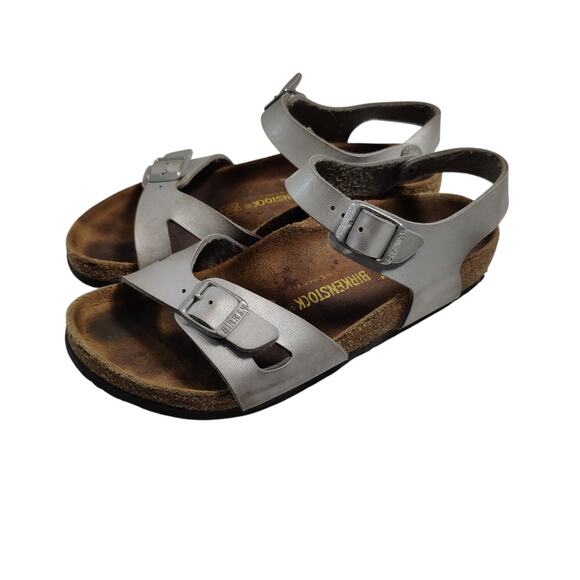 Birkenstock Girls Sz 34 (Youth 3-3.5) Rio Silver Leather Sandals Heel Strap - Picture 1 of 9